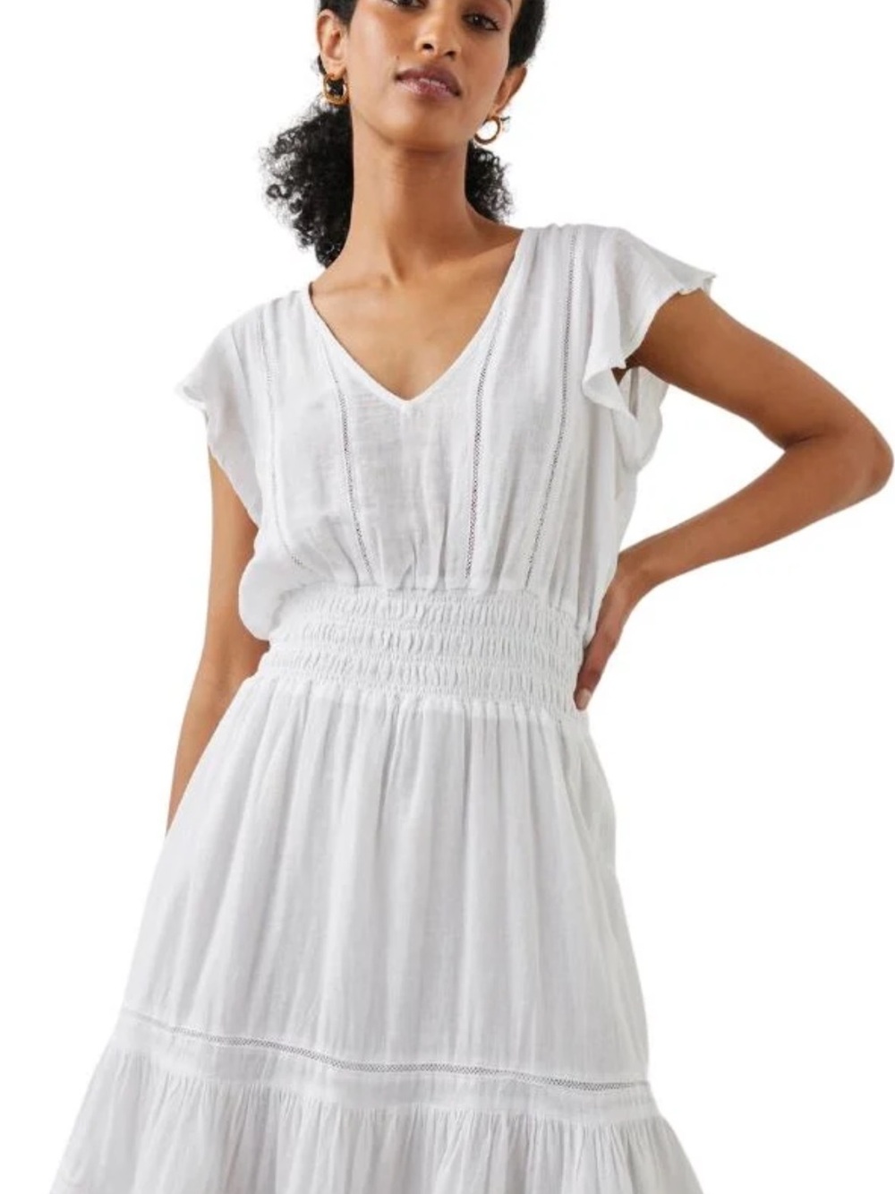 Rails White V‑Neck Smocked Waist Swim Coverup Dress